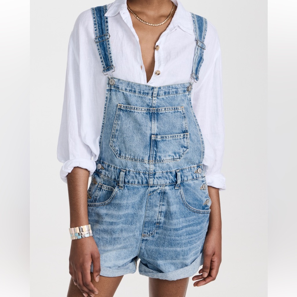 Free People “Ziggy” Light Blue Denim Short Overalls